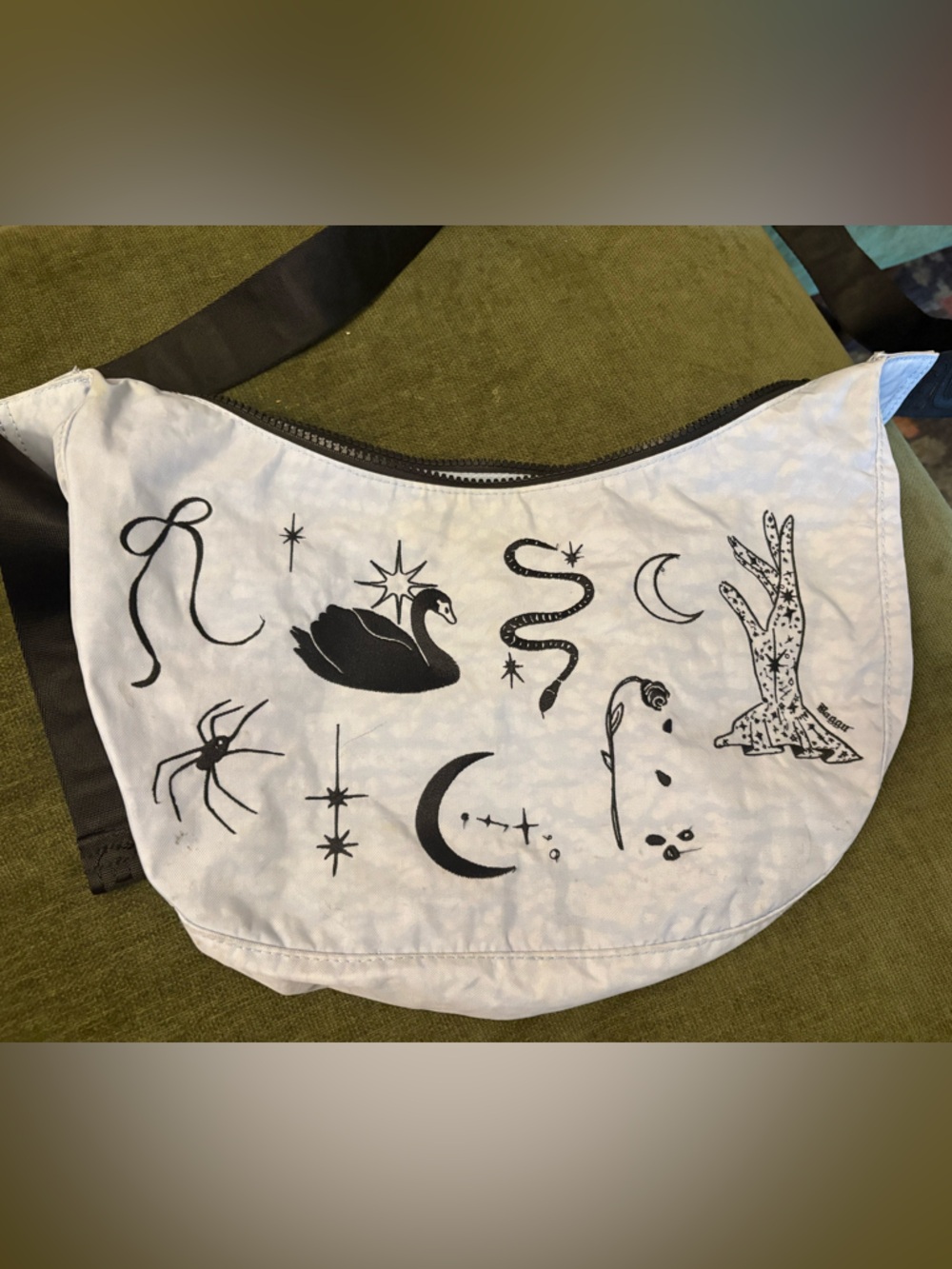 Baggy embroidered Crescent Crossbody Bag with Black Celestial Prints